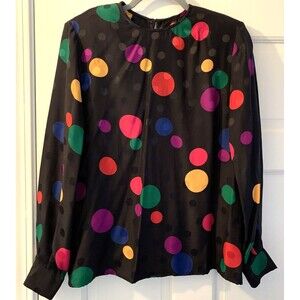 Vintage Blouse 100% Silk Size 8 Petite US Geometric Top Women Black Polka Dots